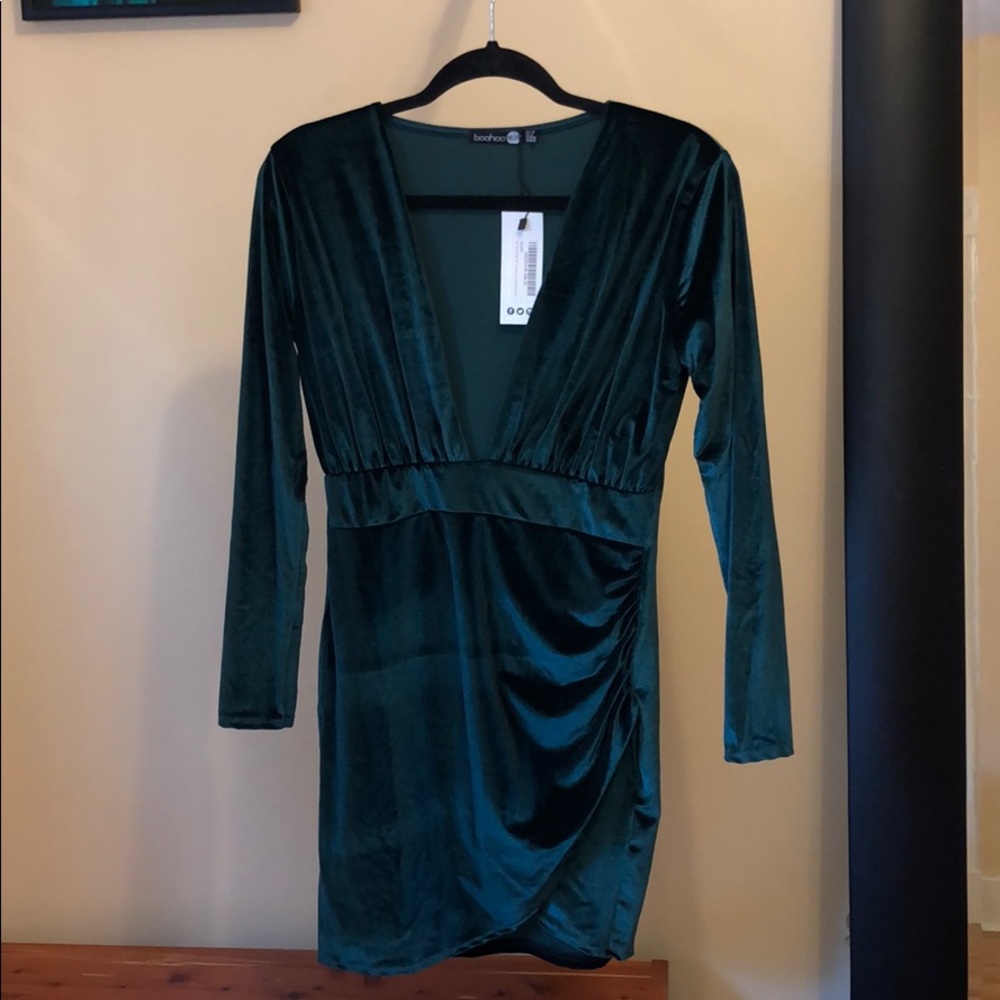 Green velvet mini dress